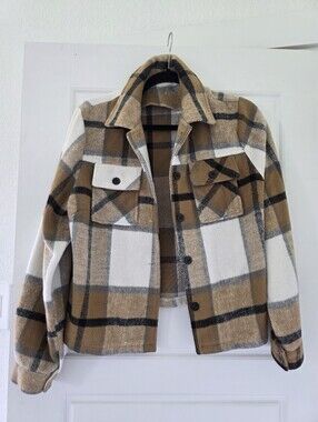 brown and cream plaid cropped flannel Shacket